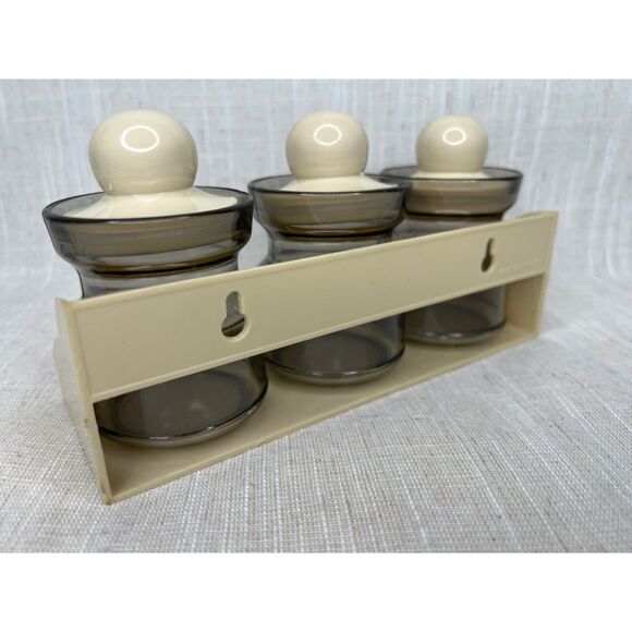 Vintage 80s Emsa Set of 3 Smoke Gray Acrylic Spice Jar Beige Shelf MCM Mod - Picture 3 of 9